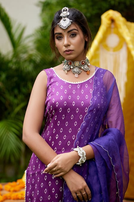Shop_Ruchira Nangalia_Purple Organza, Modal Satin Round Bandhani Kurta Set _Online_at_Aza_Fashions