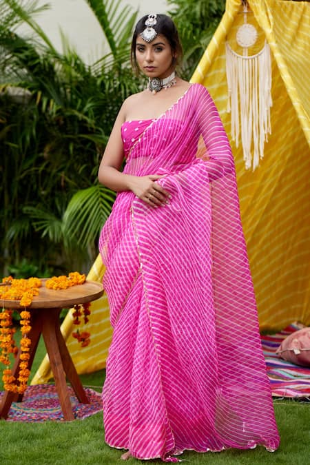 Ruchira Nangalia_Pink Organza Leheriya Saree_Online_at_Aza_Fashions