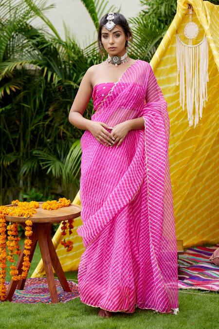 Buy_Ruchira Nangalia_Pink Organza Leheriya Saree_Online_at_Aza_Fashions