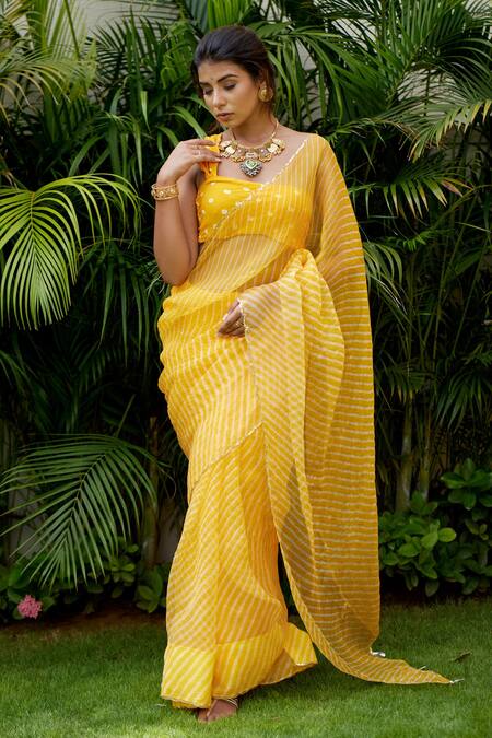 Buy_Ruchira Nangalia_Yellow Organza Leheriya Saree _Online_at_Aza_Fashions