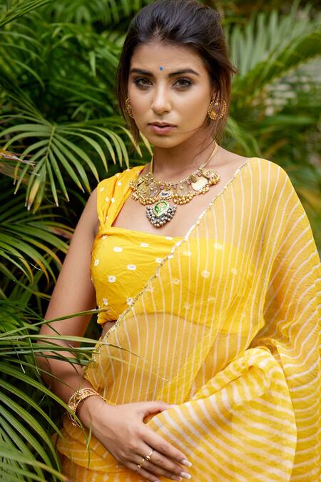 Shop_Ruchira Nangalia_Yellow Organza Leheriya Saree _Online_at_Aza_Fashions