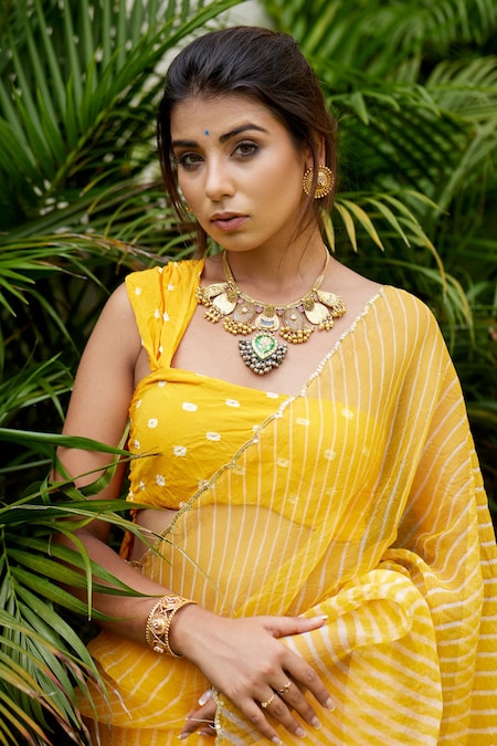 Yellow & Orange Leheriya Printed Georgette Saree – Ethnos