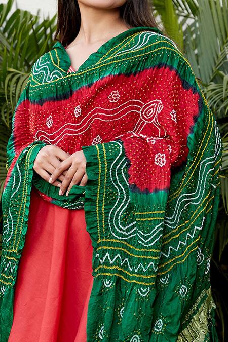 Shop_Ruchira Nangalia_Red Gajji Silk Bandhej Dupatta_Online_at_Aza_Fashions