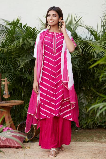 Ruchira Nangalia_Pink Chanderi Round Leheriya Print Kurta Set _Online_at_Aza_Fashions