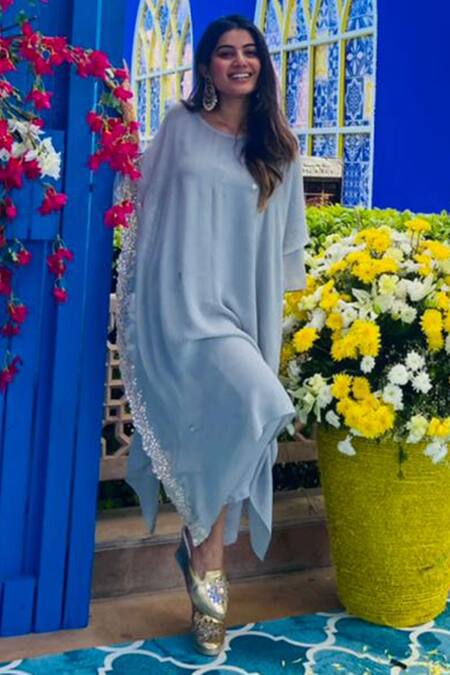 Ruchira Nangalia_Blue Georgette Boat Asymmetric Kaftan And Pant Set _Online_at_Aza_Fashions