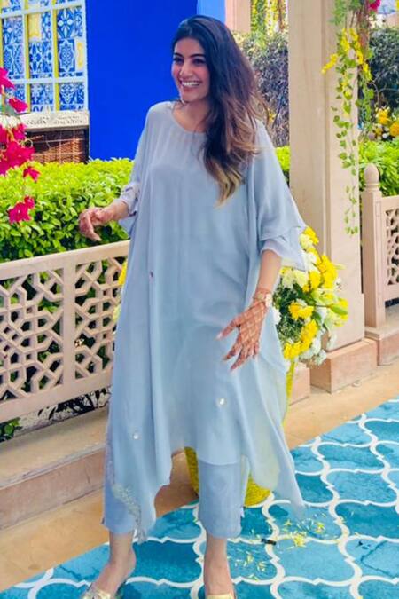 Buy_Ruchira Nangalia_Blue Georgette Boat Asymmetric Kaftan And Pant Set _Online_at_Aza_Fashions