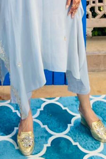 Ruchira Nangalia_Blue Georgette Boat Asymmetric Kaftan And Pant Set _at_Aza_Fashions