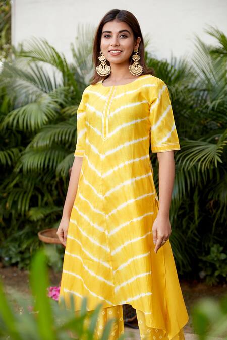 Shop_Ruchira Nangalia_Yellow Chanderi, Modal Round Leheriya Print Kurta And Pant Set _Online_at_Aza_Fashions