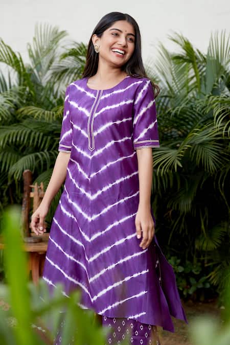 Shop_Ruchira Nangalia_Purple Chanderi, Modal Round Leheriya Print Kurta And Palazzo Set _Online_at_Aza_Fashions