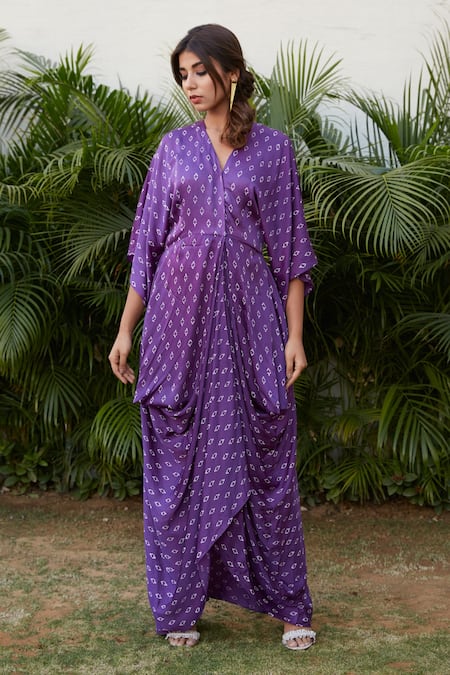 Ruchira Nangalia_Purple Modal Satin V Neck Bandhani Print Cowl Dress _Online_at_Aza_Fashions