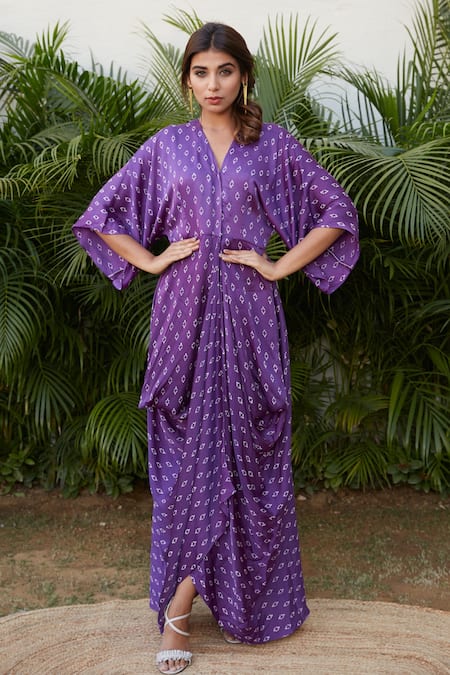 Buy_Ruchira Nangalia_Purple Modal Satin V Neck Bandhani Print Cowl Dress _Online_at_Aza_Fashions