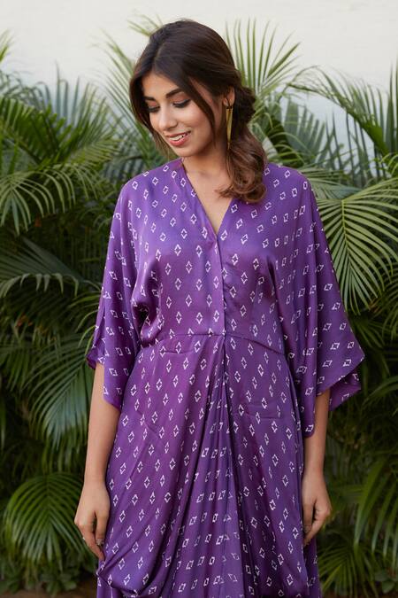 Shop_Ruchira Nangalia_Purple Modal Satin V Neck Bandhani Print Cowl Dress _Online_at_Aza_Fashions