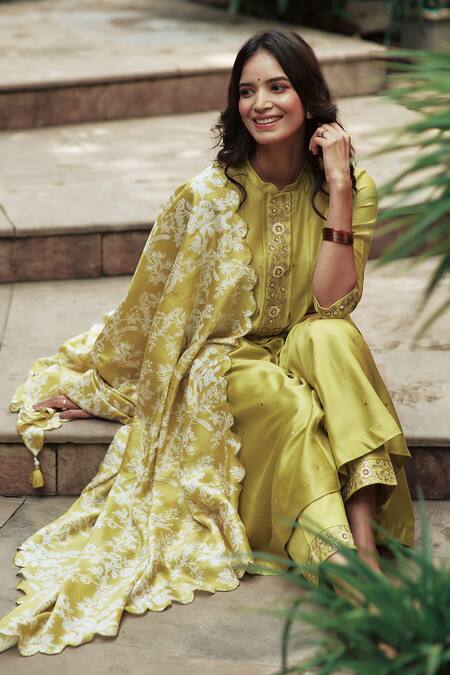 Shop House Of Pink Green Bottom Cotton Satin, Kurta And Dupatta Chanderi Band Set Online at Aza Fashions Shop_House Of Pink_Green Bottom Cotton Satin, Kurta And Dupatta Chanderi Band Set _Online_at_Aza_Fashions