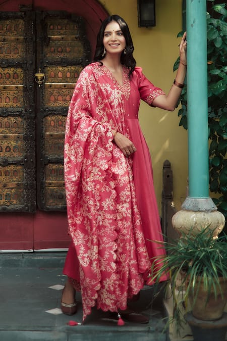 Shop House Of Pink Pink Anarkali And Dupatta Chanderi, Bottom Cotton Satin V Neck Set at Aza Fashions Shop_House Of Pink_Pink Anarkali And Dupatta Chanderi, Bottom Cotton Satin V Neck Set _at_Aza_Fashions