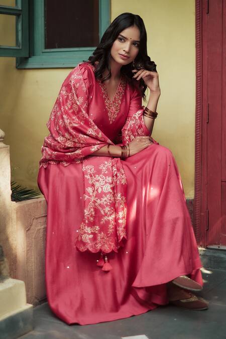 Buy House Of Pink Pink Anarkali And Dupatta Chanderi, Bottom Cotton Satin V Neck Set Online at Aza Fashions Buy_House Of Pink_Pink Anarkali And Dupatta Chanderi, Bottom Cotton Satin V Neck Set _Online_at_Aza_Fashions