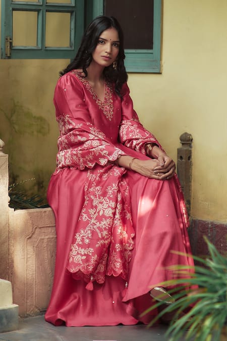 Shop House Of Pink Pink Anarkali And Dupatta Chanderi, Bottom Cotton Satin V Neck Set Online at Aza Fashions Shop_House Of Pink_Pink Anarkali And Dupatta Chanderi, Bottom Cotton Satin V Neck Set _Online_at_Aza_Fashions