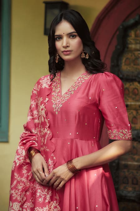 House Of Pink Pink Anarkali And Dupatta Chanderi, Bottom Cotton Satin V Neck Set at Aza Fashions House Of Pink_Pink Anarkali And Dupatta Chanderi, Bottom Cotton Satin V Neck Set _at_Aza_Fashions