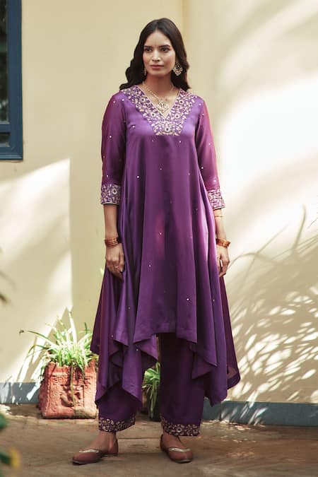 Buy_House Of Pink_Purple Anarkali And Dupatta Chanderi, Bottom Cotton Satin V Neck Set _Online_at_Aza_Fashions