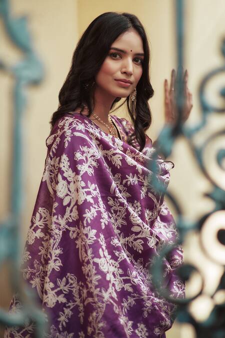 Shop_House Of Pink_Purple Anarkali And Dupatta Chanderi, Bottom Cotton Satin V Neck Set _Online_at_Aza_Fashions