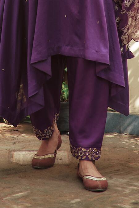 House Of Pink_Purple Anarkali And Dupatta Chanderi, Bottom Cotton Satin V Neck Set _at_Aza_Fashions