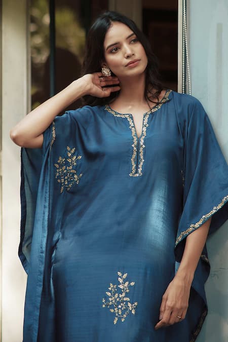 Shop House Of Pink Blue Cotton Silk Notched Embroidered Kaftan Online at Aza Fashions Shop_House Of Pink_Blue Cotton Silk Notched Embroidered Kaftan_Online_at_Aza_Fashions