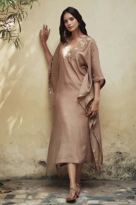 Shop House Of Pink Beige Cotton Silk Notched Embroidered Kaftan at Aza Fashions Shop_House Of Pink_Beige Cotton Silk Notched Embroidered Kaftan _at_Aza_Fashions