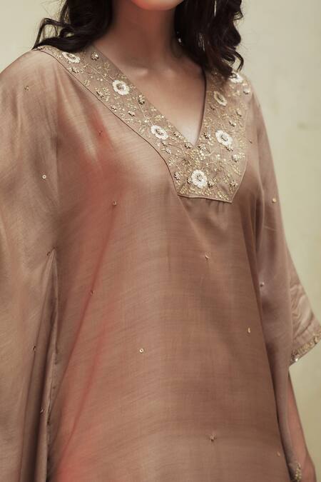 House Of Pink Beige Cotton Silk Notched Embroidered Kaftan at Aza Fashions House Of Pink_Beige Cotton Silk Notched Embroidered Kaftan _at_Aza_Fashions