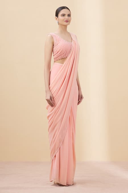 Arpan Vohra Peach Tulle, Georgette Scoop Neck Pre-draped Ruffle Saree With Blouse Online at Aza Fashions Arpan Vohra_Peach Tulle, Georgette Scoop Neck Pre-draped Ruffle Saree With Blouse _Online_at_Aza_Fashions
