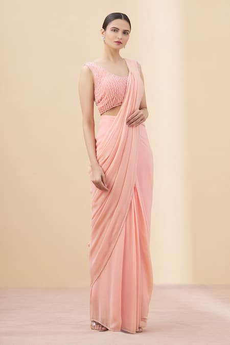 Buy Arpan Vohra Peach Tulle, Georgette Scoop Neck Pre-draped Ruffle Saree With Blouse Online at Aza Fashions Buy_Arpan Vohra_Peach Tulle, Georgette Scoop Neck Pre-draped Ruffle Saree With Blouse _Online_at_Aza_Fashions