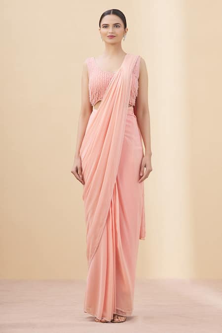 Shop Arpan Vohra Peach Tulle, Georgette Scoop Neck Pre-draped Ruffle Saree With Blouse Online at Aza Fashions Shop_Arpan Vohra_Peach Tulle, Georgette Scoop Neck Pre-draped Ruffle Saree With Blouse _Online_at_Aza_Fashions
