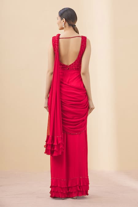 Shop Arpan Vohra Red Tulle, Georgette Scoop Neck Pre-draped Ruffle Saree With Blouse at Aza Fashions Shop_Arpan Vohra_Red Tulle, Georgette Scoop Neck Pre-draped Ruffle Saree With Blouse _at_Aza_Fashions