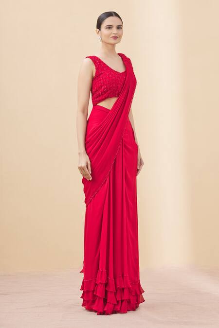 Arpan Vohra Red Tulle, Georgette Scoop Neck Pre-draped Ruffle Saree With Blouse Online at Aza Fashions Arpan Vohra_Red Tulle, Georgette Scoop Neck Pre-draped Ruffle Saree With Blouse _Online_at_Aza_Fashions
