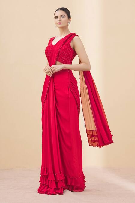 Buy Arpan Vohra Red Tulle, Georgette Scoop Neck Pre-draped Ruffle Saree With Blouse Online at Aza Fashions Buy_Arpan Vohra_Red Tulle, Georgette Scoop Neck Pre-draped Ruffle Saree With Blouse _Online_at_Aza_Fashions