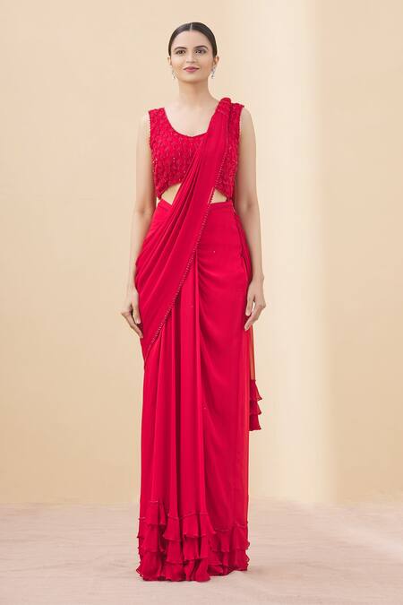 Shop Arpan Vohra Red Tulle, Georgette Scoop Neck Pre-draped Ruffle Saree With Blouse Online at Aza Fashions Shop_Arpan Vohra_Red Tulle, Georgette Scoop Neck Pre-draped Ruffle Saree With Blouse _Online_at_Aza_Fashions