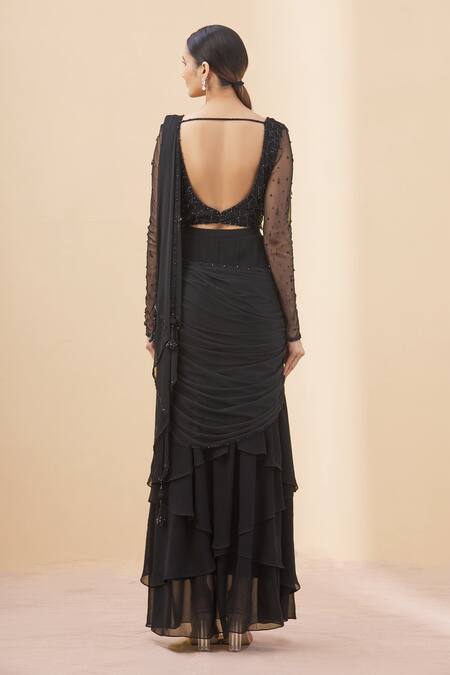 Shop_Arpan Vohra_Black Tulle, Georgette Scoop Neck Pre-draped Lehenga Saree With Blouse _at_Aza_Fashions