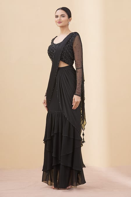 Arpan Vohra_Black Tulle, Georgette Scoop Neck Pre-draped Lehenga Saree With Blouse _Online_at_Aza_Fashions