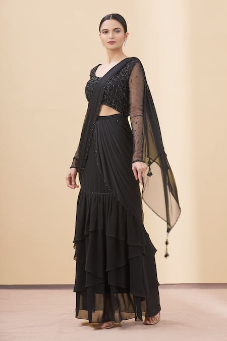 Buy_Arpan Vohra_Black Tulle, Georgette Scoop Neck Pre-draped Lehenga Saree With Blouse _Online_at_Aza_Fashions