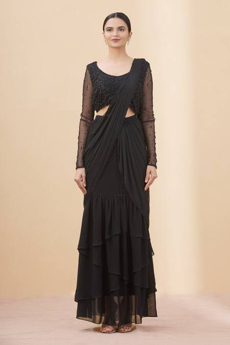 Shop_Arpan Vohra_Black Tulle, Georgette Scoop Neck Pre-draped Lehenga Saree With Blouse _Online_at_Aza_Fashions