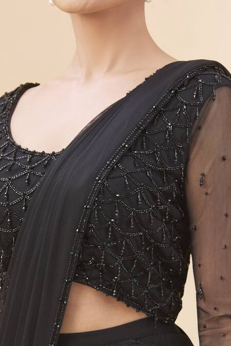 Arpan Vohra_Black Tulle, Georgette Scoop Neck Pre-draped Lehenga Saree With Blouse _at_Aza_Fashions