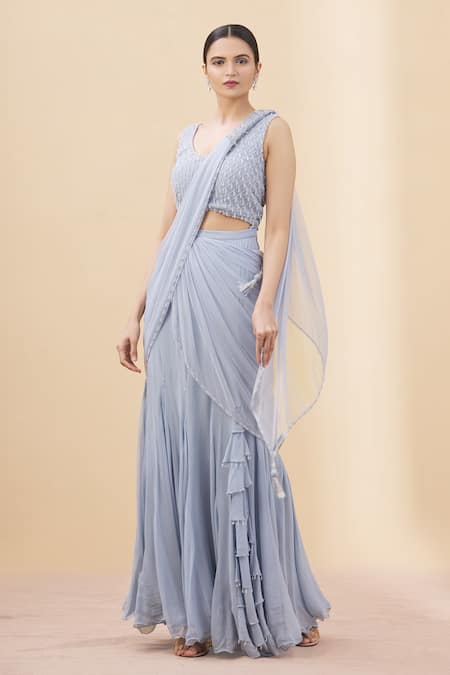 Arpan Vohra Grey Tulle, Georgette Scoop Neck Pre-draped Embellished Saree With Blouse