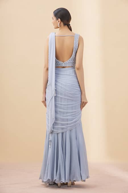 Shop Arpan Vohra Grey Tulle, Georgette Scoop Neck Pre-draped Embellished Saree With Blouse at Aza Fashions Shop_Arpan Vohra_Grey Tulle, Georgette Scoop Neck Pre-draped Embellished Saree With Blouse _at_Aza_Fashions