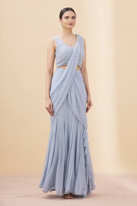 Arpan Vohra Grey Tulle, Georgette Scoop Neck Pre-draped Embellished Saree With Blouse Online at Aza Fashions Arpan Vohra_Grey Tulle, Georgette Scoop Neck Pre-draped Embellished Saree With Blouse _Online_at_Aza_Fashions
