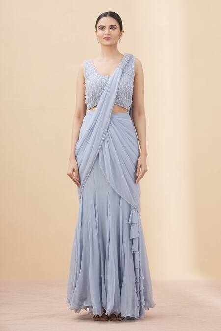 Shop Arpan Vohra Grey Tulle, Georgette Scoop Neck Pre-draped Embellished Saree With Blouse Online at Aza Fashions Shop_Arpan Vohra_Grey Tulle, Georgette Scoop Neck Pre-draped Embellished Saree With Blouse _Online_at_Aza_Fashions