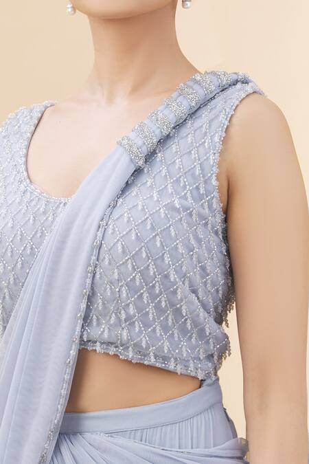 Arpan Vohra Grey Tulle, Georgette Scoop Neck Pre-draped Embellished Saree With Blouse at Aza Fashions Arpan Vohra_Grey Tulle, Georgette Scoop Neck Pre-draped Embellished Saree With Blouse _at_Aza_Fashions