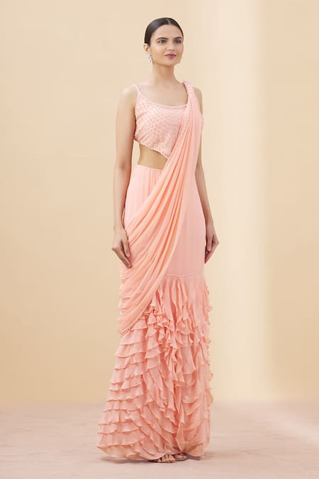 Arpan Vohra_Peach Tulle, Georgette Scoop Neck Pre-draped Saree Gown With Blouse _Online_at_Aza_Fashions