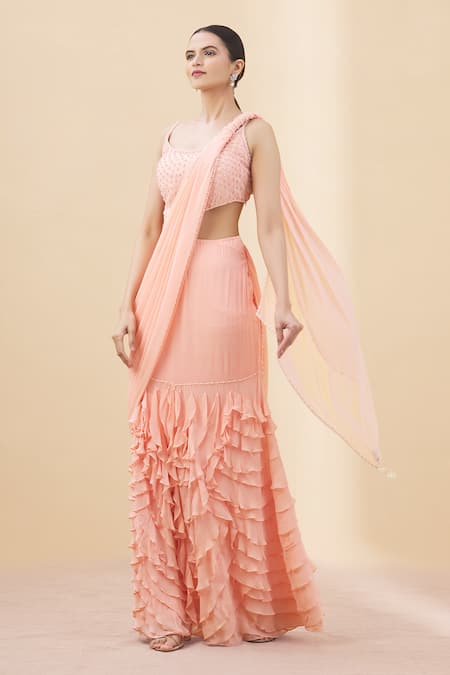 Buy_Arpan Vohra_Peach Tulle, Georgette Scoop Neck Pre-draped Saree Gown With Blouse _Online_at_Aza_Fashions