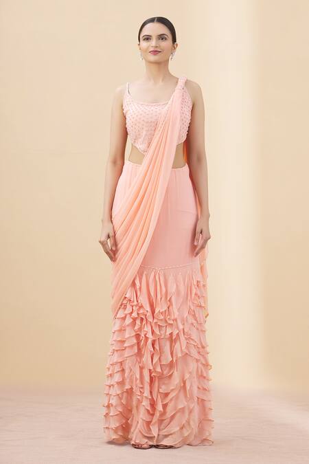 Shop_Arpan Vohra_Peach Tulle, Georgette Scoop Neck Pre-draped Saree Gown With Blouse _Online_at_Aza_Fashions