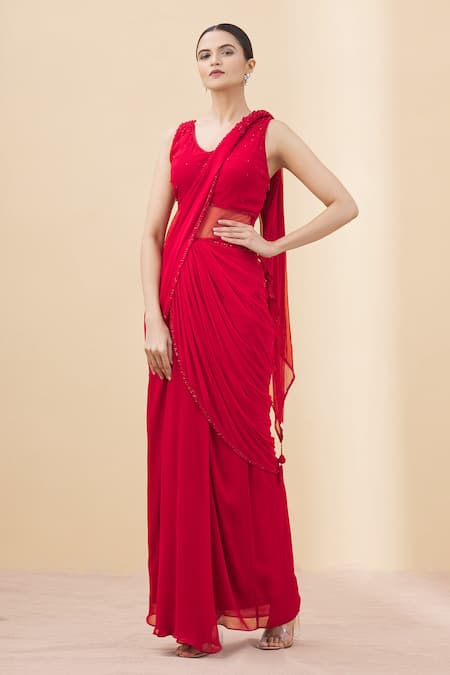 Red Heavy Georgette Sleeveless Ruffle Gown