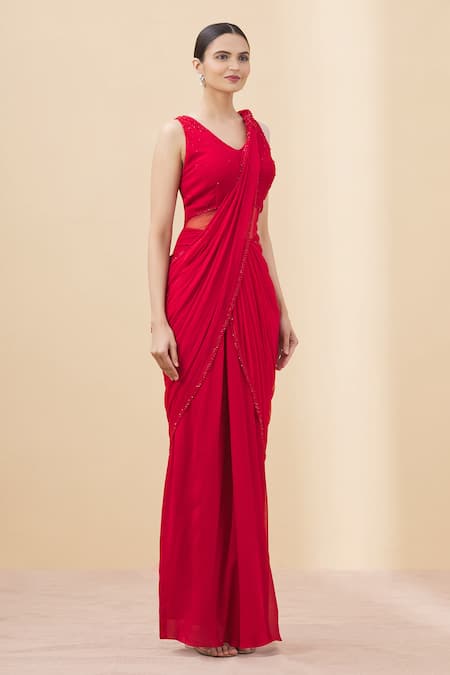 Arpan Vohra_Red Tulle, Georgette U Neck Embellished Saree Gown With Blouse _Online_at_Aza_Fashions