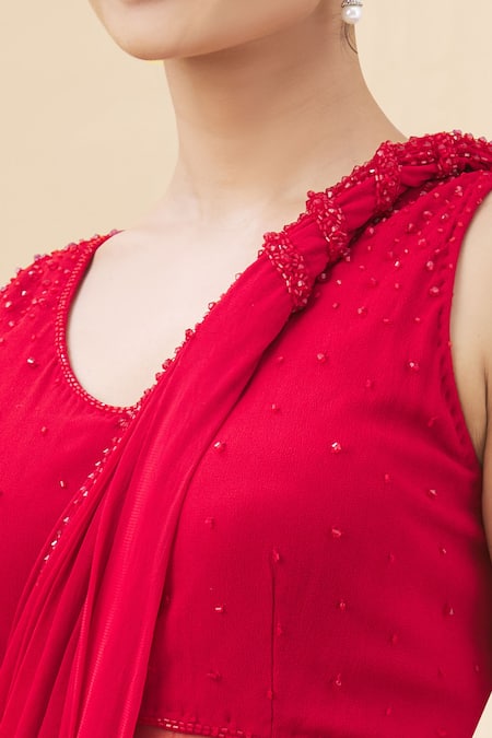 Arpan Vohra_Red Tulle, Georgette U Neck Embellished Saree Gown With Blouse _at_Aza_Fashions